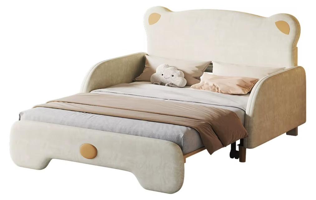 Kinderbett in Bärenform - Ausziehbares Tagesbett - 140 x 200 cm - Samt - Gepolsterte Schutzkanten - Beige