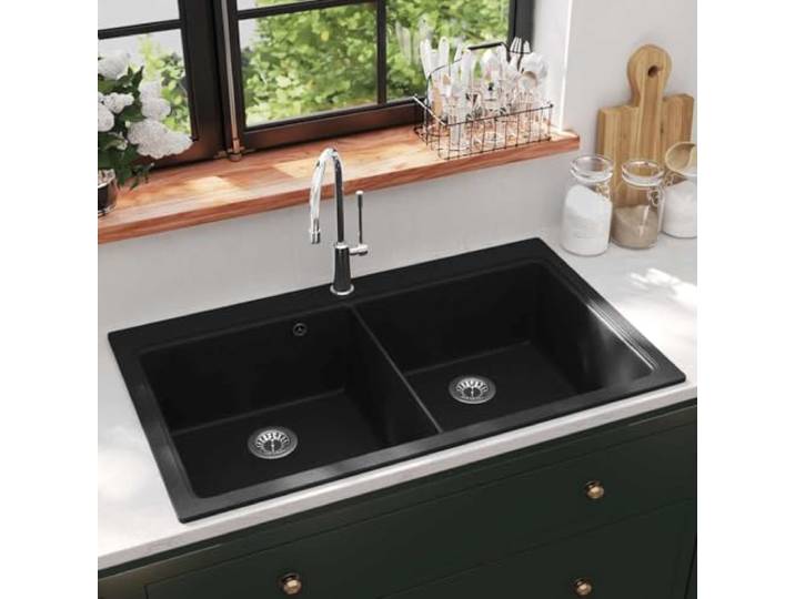 KFPOERTFGD Doppelbecken Granitspüle Schwarz, Einbauspüle 860x510mm Quarz-Harz-Verbundwerkstoff, Hitzebeständig bis 280 C, Kratzfest & pflegeleicht