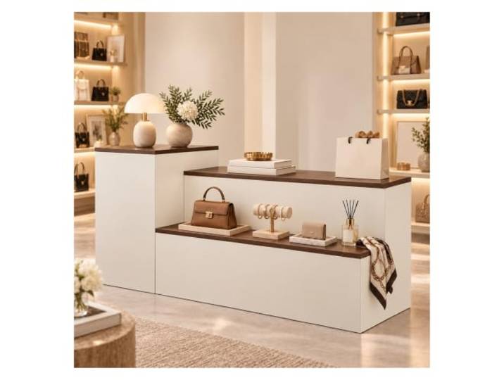 UKETO Moderner Empfangs- und Verkaufstheke für Boutique, Geschäft und 2-seitige Theke mit offener Ablage und Ablagefach hinten und Modul links/rechts (Walnussfarbe links, 120 cm / 47.2in)