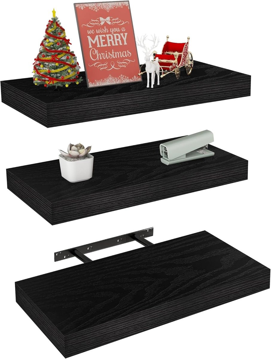 Set van 3 zwarte drijvende wandplanken voor de woonkamer, keuken of badkamer