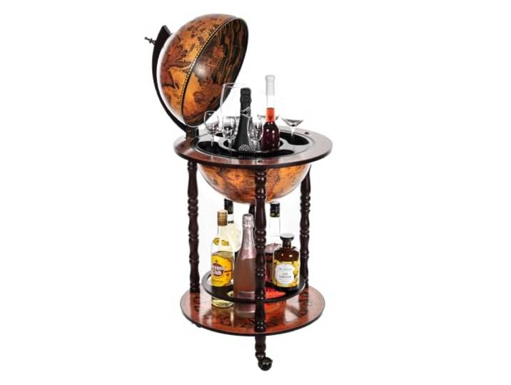 Edler Barwagen 36001, mit massiven Eukalyptusholz Säulen, geöffnet 103 cm hoch und 47 cm breit, antike Weltkugel Globusbar, Bartisch, Hausbar, Barwagen, Weltkugel, Cocktailbar, Dekobar, Tischbar