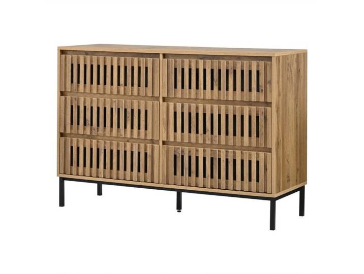 Buffet Moderne Couleur Bois 120x40x81cm 6 Tiroirs Meuble De Rangement Étroit À 5 Pieds Pour Salon Chambre Entrée Et Cuisine