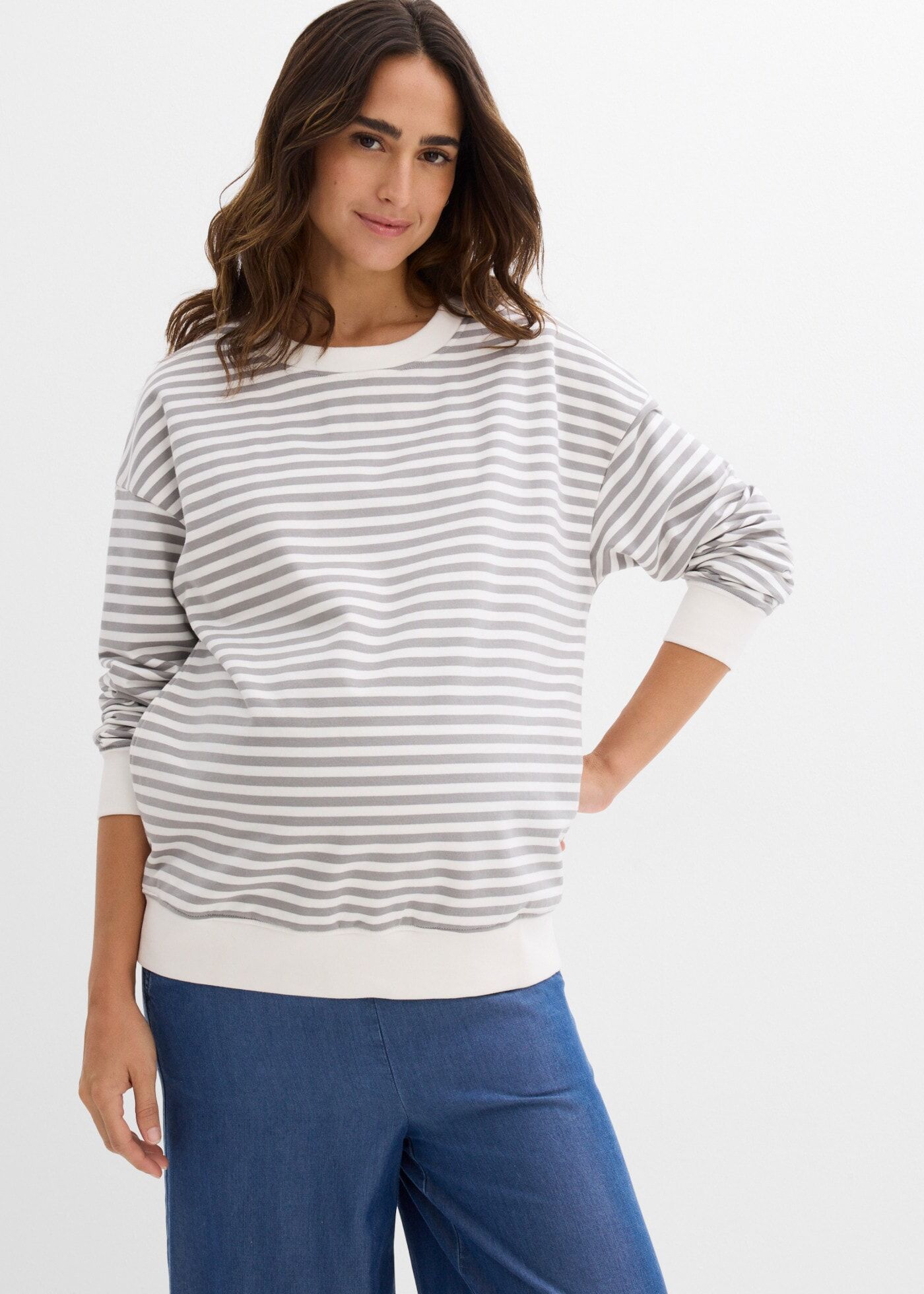 Umstandsshirt BONPRIX, Damen, Gr. 40/42 (M), grau (schattengrau, wollweiß gestreift), Obermaterial: 95% Baumwolle, 5% Viskose, loose fit, Shirts Umstandsshirt, für Schwangerschaft und Stillzeit, mit leicht angerauter Innenseite schattengrau, wollweiß gest