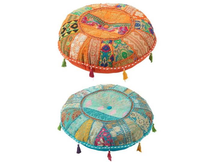 J-Line pouf Rond Plat Motifs + Floches - coton - orange/bleu - 2 pcs