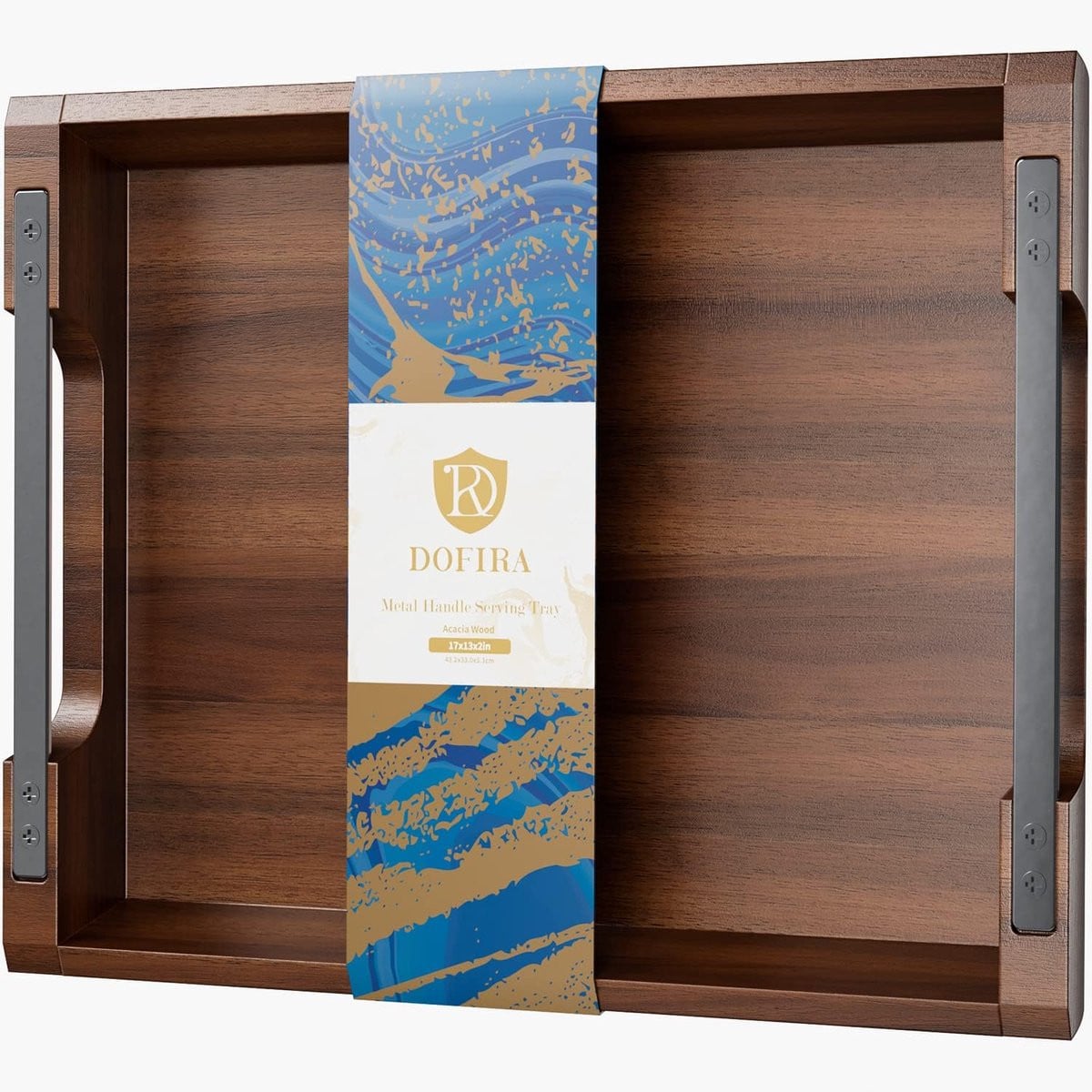 Acacia Houten Dienblad met Metalen Handvatten voor Ottomaan en Salontafel