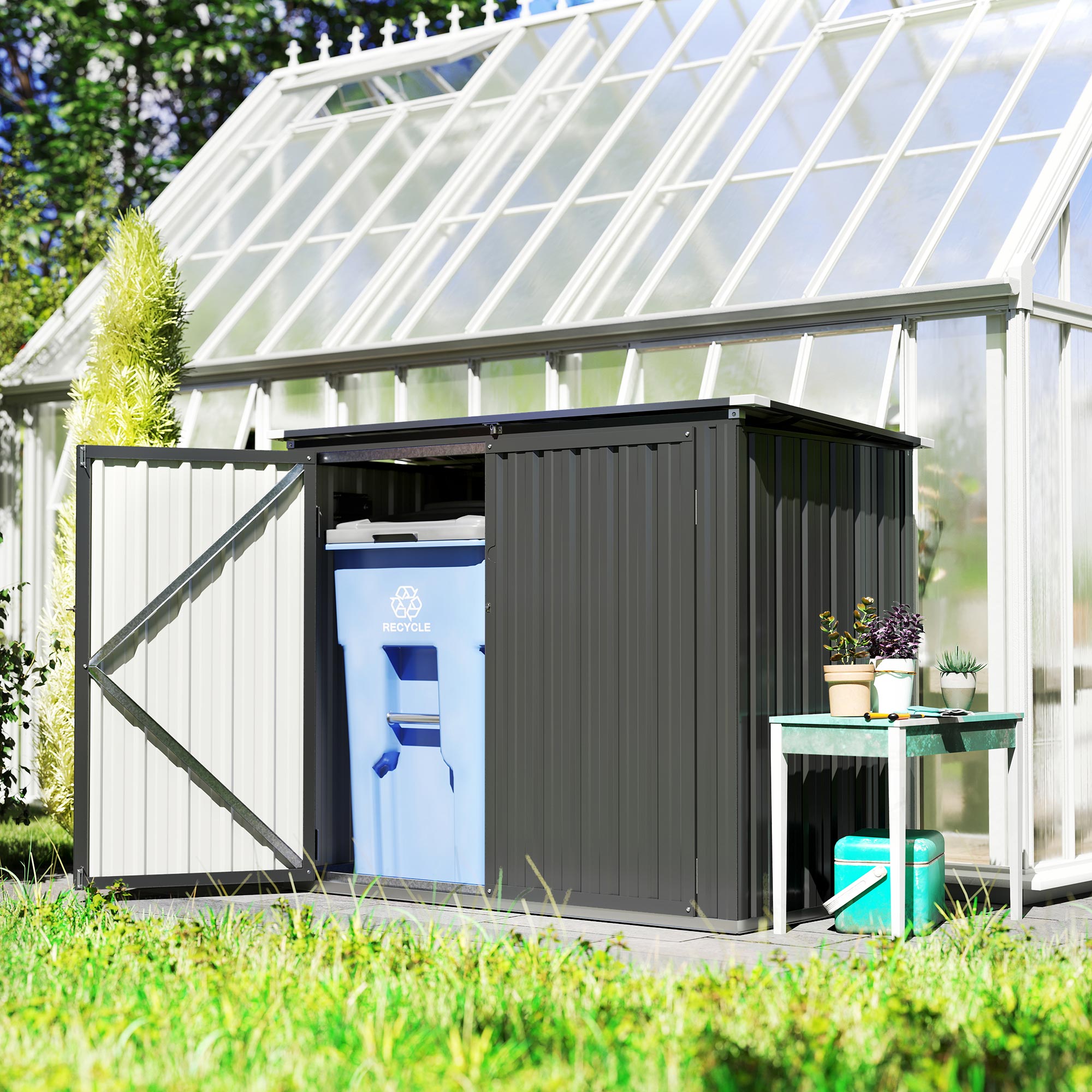 Outsunny Casetta da Esterno con 2 Porte Bloccabili e Tetto Apribile, Capanno da Giardino Copri Bidoni in Acciaio, 150x80x117/115 cm, Grigio   Aosom Italy