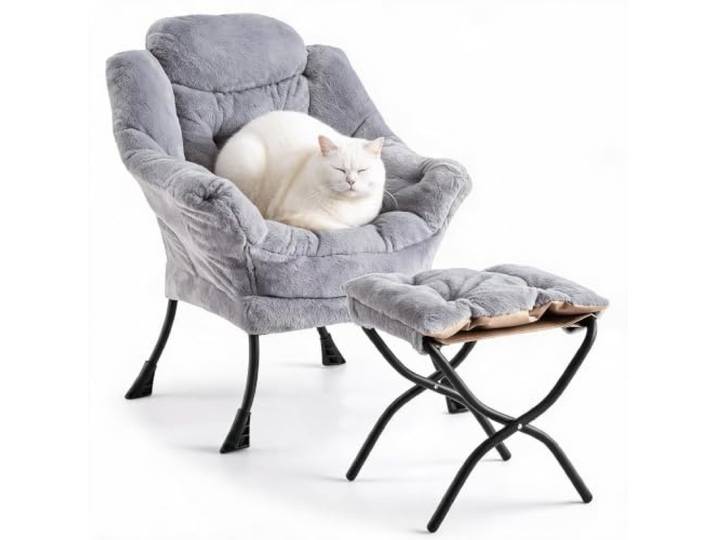 IDEALHOUSE Bequemer Wohnzimmer-Sessel mit Klapphocker, Relaxsessel Loungesessel Weicher Bezug in Kaninchenfell-Optik, Seitentasche-Gemütlicher Lesesessel für Wohnzimmer, Schlafzimmer&Büro