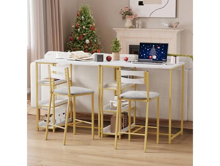 IDEALHOUSE 3-teiliges Esszimmer-Set für 2 Personen – Esstisch mit Ablagefach + gepolsterte Barhocker – platzsparend für Küche & Wohnen – Marmorweiß-Gold, PU-Sitzpolster