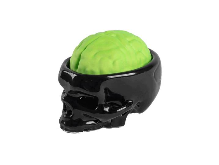 SELETTI porte-savon BRAIN WASH en forme de crâne avec savon (Noir / Vert - Porcelaine et savon végétal)