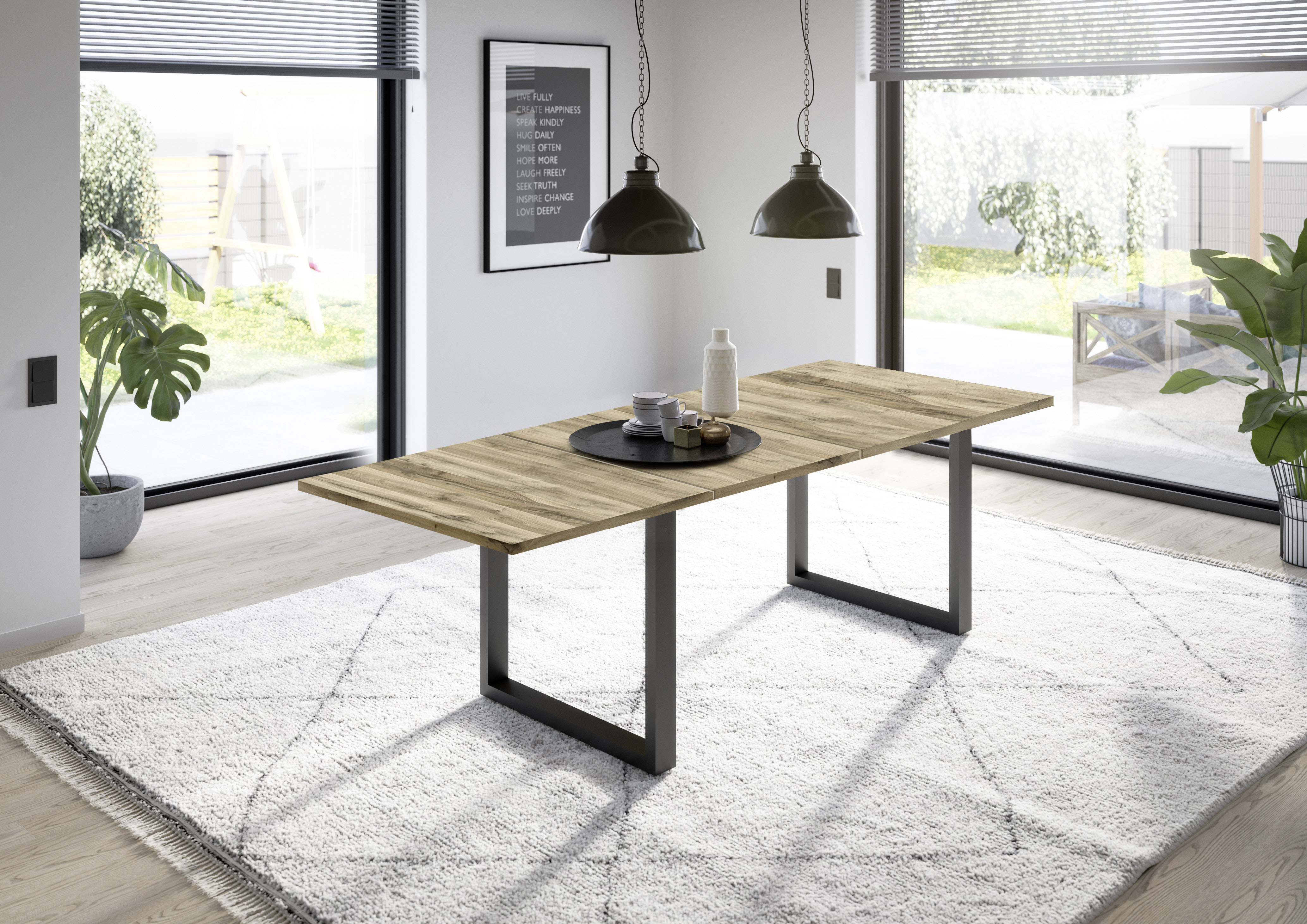 Esstisch MÄUSBACHER "Big System", braun (schwarz feinstruktur, plankeneiche, schwarz feinstruktur, plankeneiche), B:140cm H:73cm T:90cm, Tische, Esstisch, Metallgestell in U-Form, ausziehbar schwarz feinstruktur, plankeneiche, schwarz feinstruktur, planke