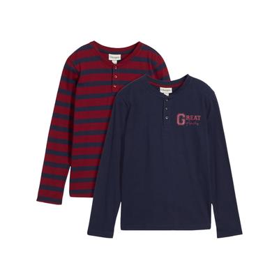 Henleyshirt BONPRIX, Jungen, Gr. 152/158, blau (dunkelblau, pflaumenrot gestreift), Obermaterial: 100% Baumwolle, Shirts, für Jungen, in praktischer Packung, aus Baumwolle, bequeme Passform