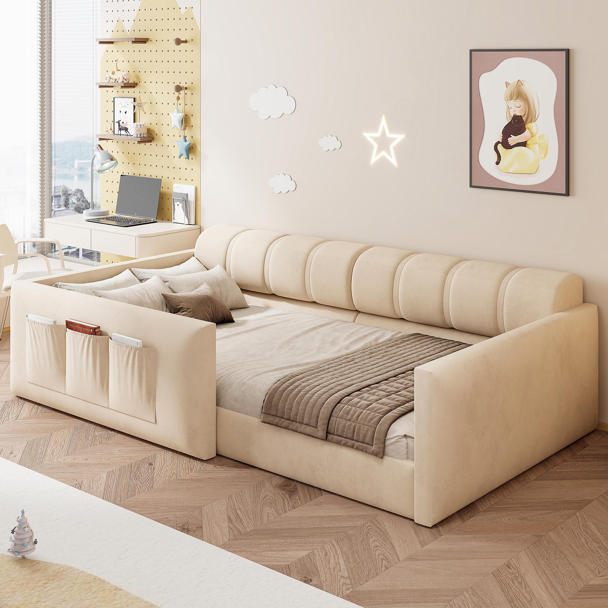 MODFU Kinderbett 90 x 200 mit Matratze und dickem Kopfteil,Multifunktionales Schlafsofa,Polsterbett mit Seitliche Aufbewahrungstaschen,Beige