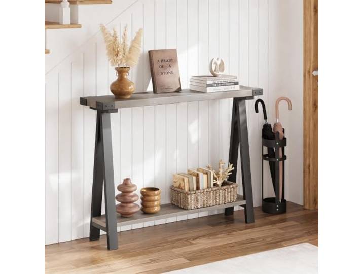 JustSmart Schmaler 2-stufiger Konsolentisch 110x21x80 cm – Landhausstil Beistelltisch mit Ablage für Flur, Wohnzimmer & Sofa – Grau