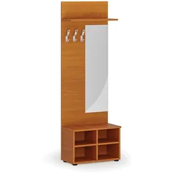 Garderobenwand HORIZONT, Schuhregal + Spiegel, 3 Haken, Ablage, Holzstruktur horizontal, Kirschbaum