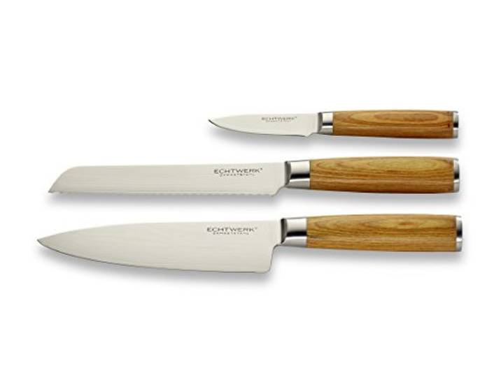 Echtwerk Damastmesser Set 3 teilig, Küchenmesser/ Kochmesser, Wellenschliff Brotmesser, Schälmesser/Gemüsemesser, Damaststahl, ergonomische Messergriffe aus Pakka-Holz, Braun/Silber, Aufbewahrungsbox