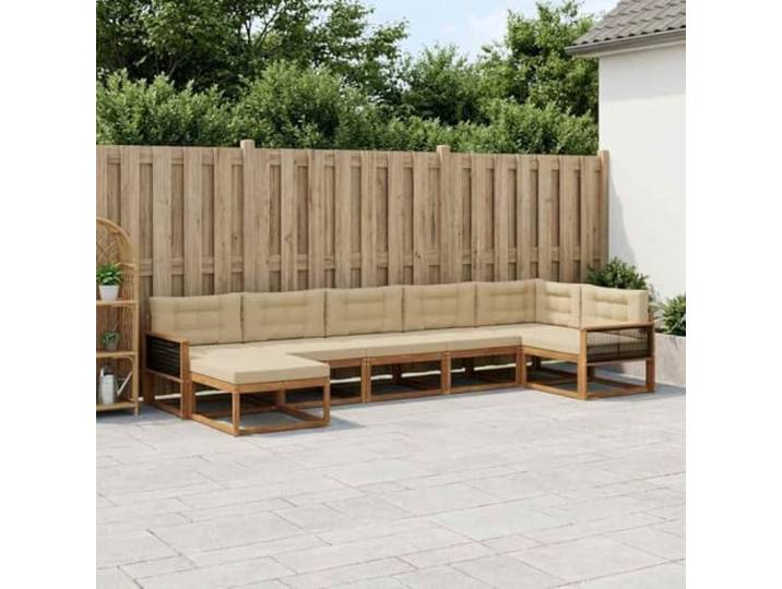 RJPLMFV Sofaset für den Außenbereich, 7-teilig, Natur, Beige Massives Akazienholz, Lattenrahmen, modulares Design, komfortabel für Terrasse Garten