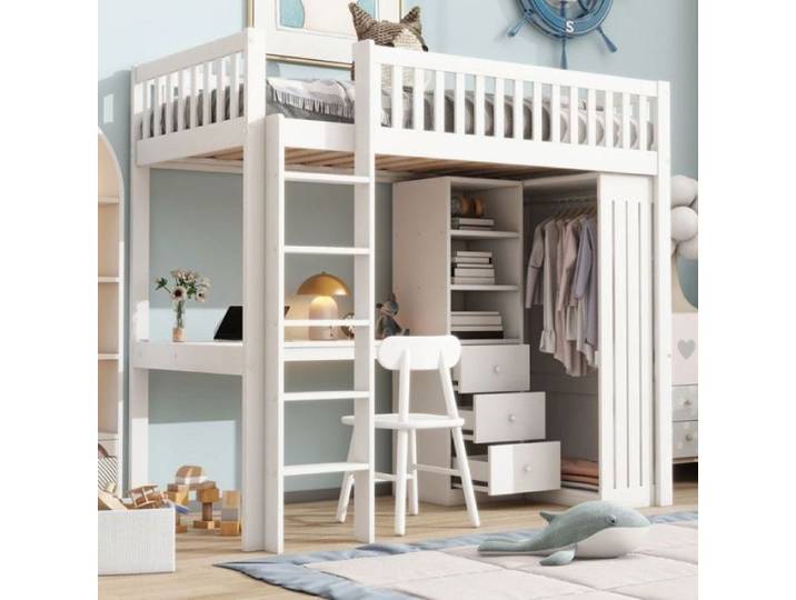 90x200cm Lit Mezzanine Multifonctionnel avec Bureau Armoire Lit Surélevé avec Compartiments de Rangement Tiroirs-san LIT MEZZANINE