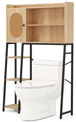 Costway Over The Toilet Storage Cabinet with PE Rattan Door and Open Storage Shelves-Natural