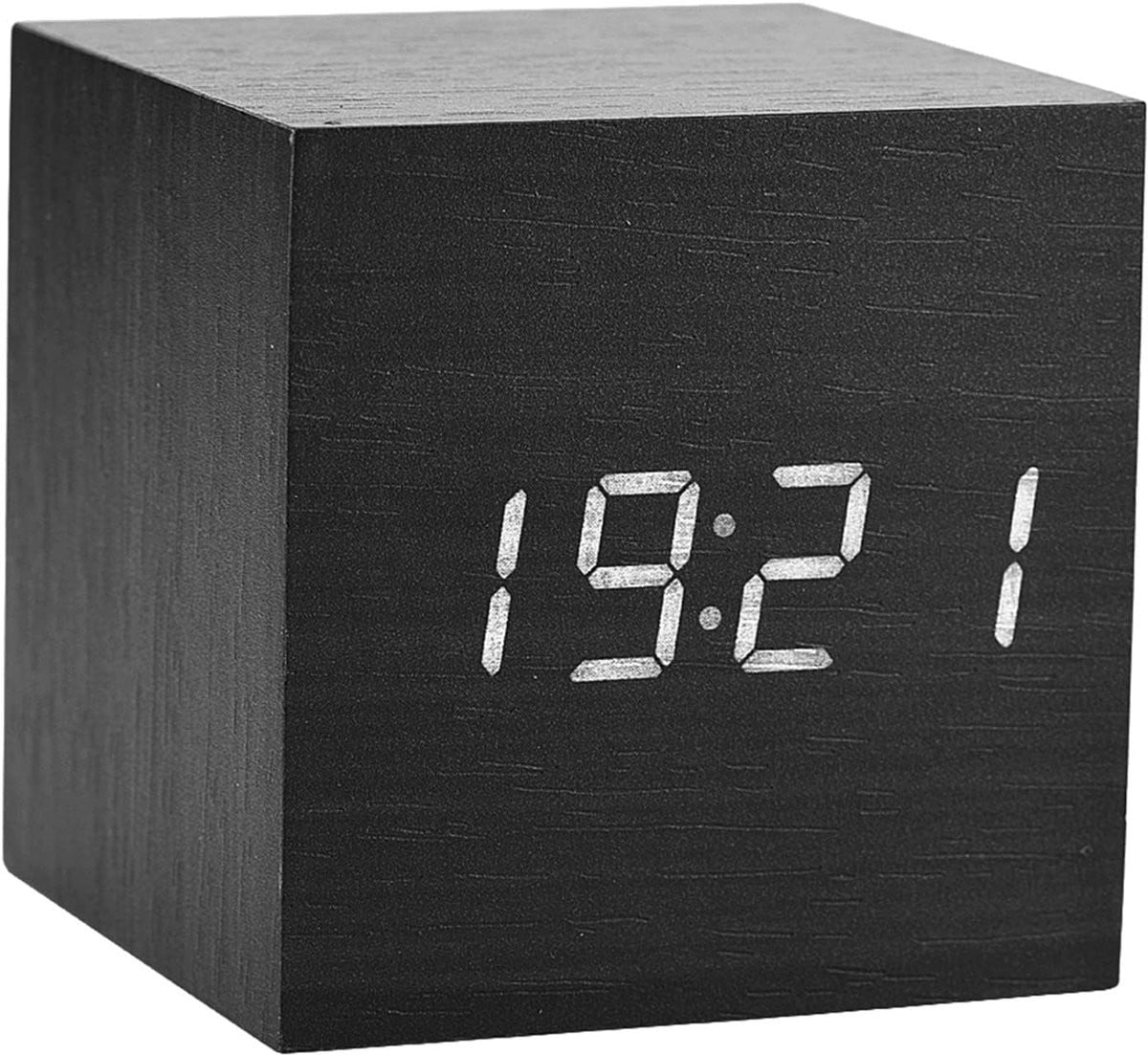 Kubuswekker LED Digitale Bureauklok met Stembediening en Tijd- en Temperatuurweergave, Zwart Hout met Wit Licht