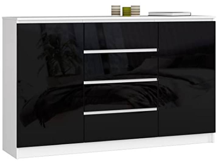 BDW Kommode Hochglanz mit 4 Schubladen und 2 Türen für Schlafzimmer, Wohnzimmer, Flur, Büro - Modernes Design - Aufbewahrungsmöbel - Geräumige Kommode - 160 x 99 x 35 cm - Weiß-Schwarz