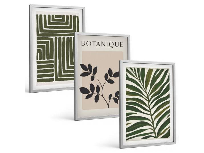 Tulup Bilder SET 3er Set - 40x60 cm Silberner Rahmen - Botanischer Boho-Minimalismus, Silberfarben, Kunststoff, Rechteckig, 40x60 cm, einfache und schnelle Anbringung, Bilder & Rahmen, Bilder
