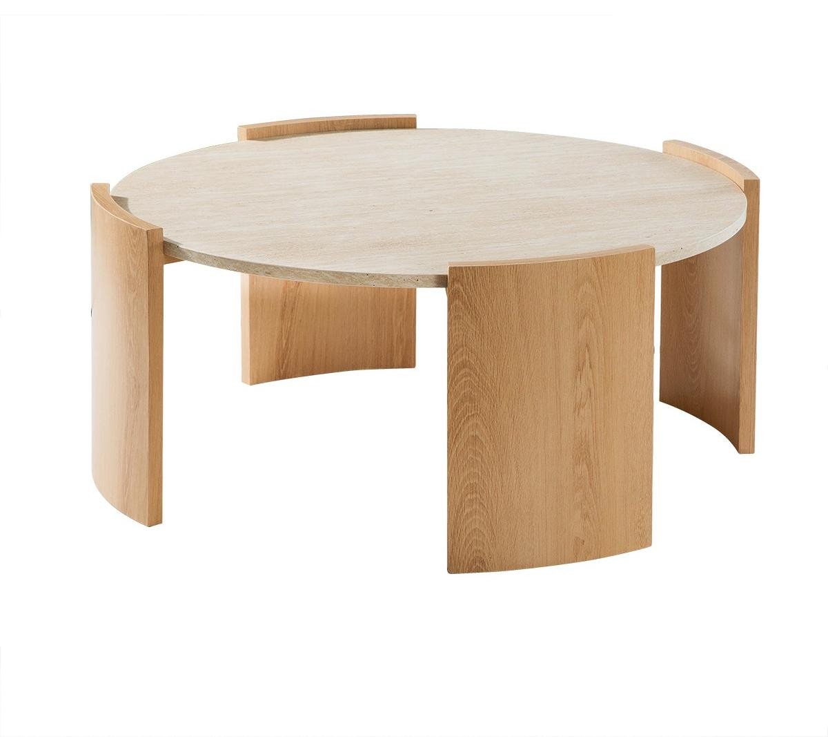 CaliCosy Ronde salontafel met travertijneffect blad en houtlook poten, diameter 80 cm - IZIA