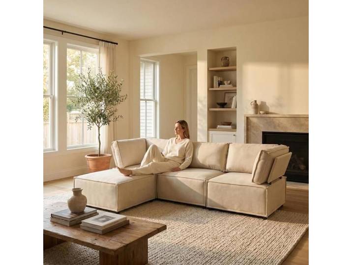 Canapé - KOMHTOM - Modulaire - Convertible - Beige - 238x154x75 cm