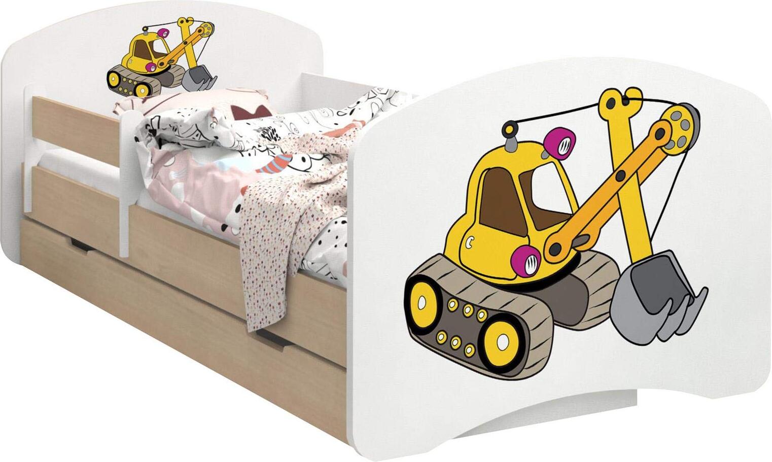 BDW Kinderbett, Doppelseitiges mit Schublade, Gelber Bagger, 190/90