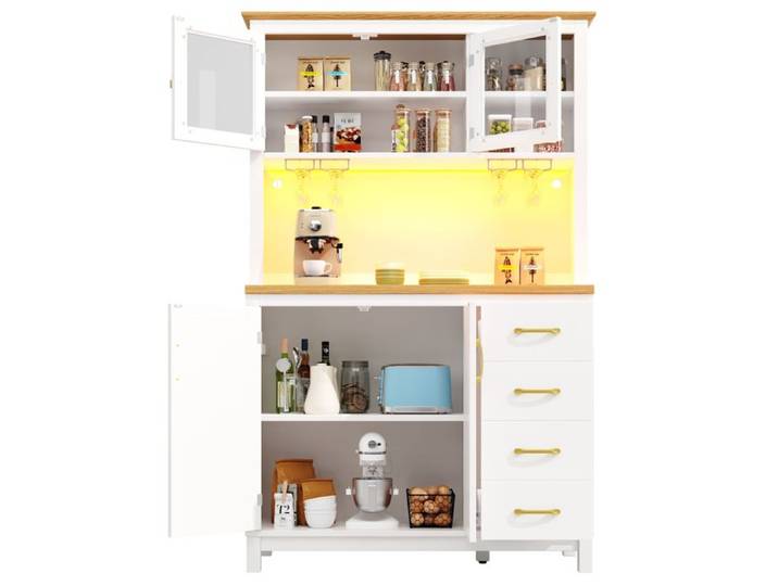 Buffet haut de cuisine - HIBA - Design rétro - 105 5x40x180 cm - Éclairage LED contrôlable - 4 tiroirs