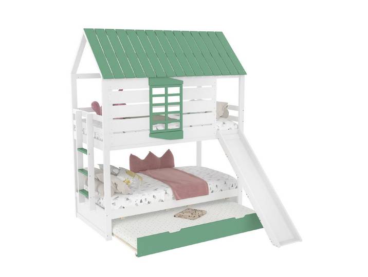OKWISH Kinderbett Jugendbett,Funktionsbett,Hausbett, mit Rutsche (90x200 Haus-Etagenbett mit Rutsche und Ausziehbett in Weiß+Grün – Kreatives Kinderzimmermöbel mit Sicherheitsgitter, Gästebett., 90X200), mit Rutsche und Ausziehbett