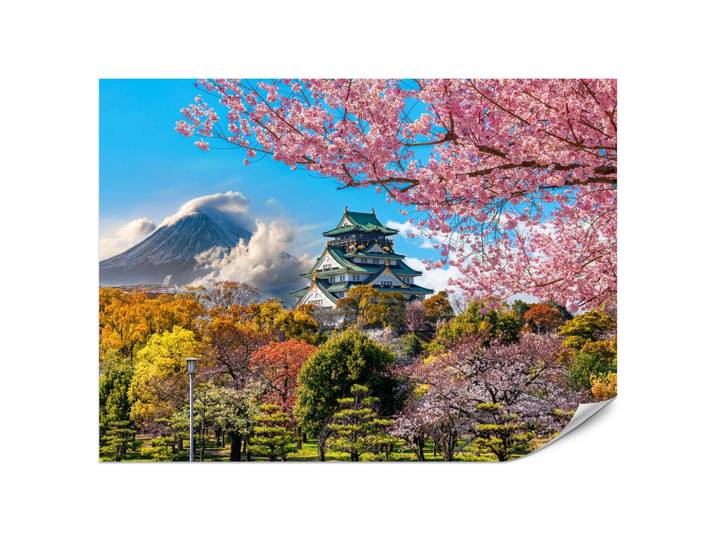 FOTOTAPETE für Wohnzimmer Kirschblüten Osaka Burg Japan Berge Bäume 200x140