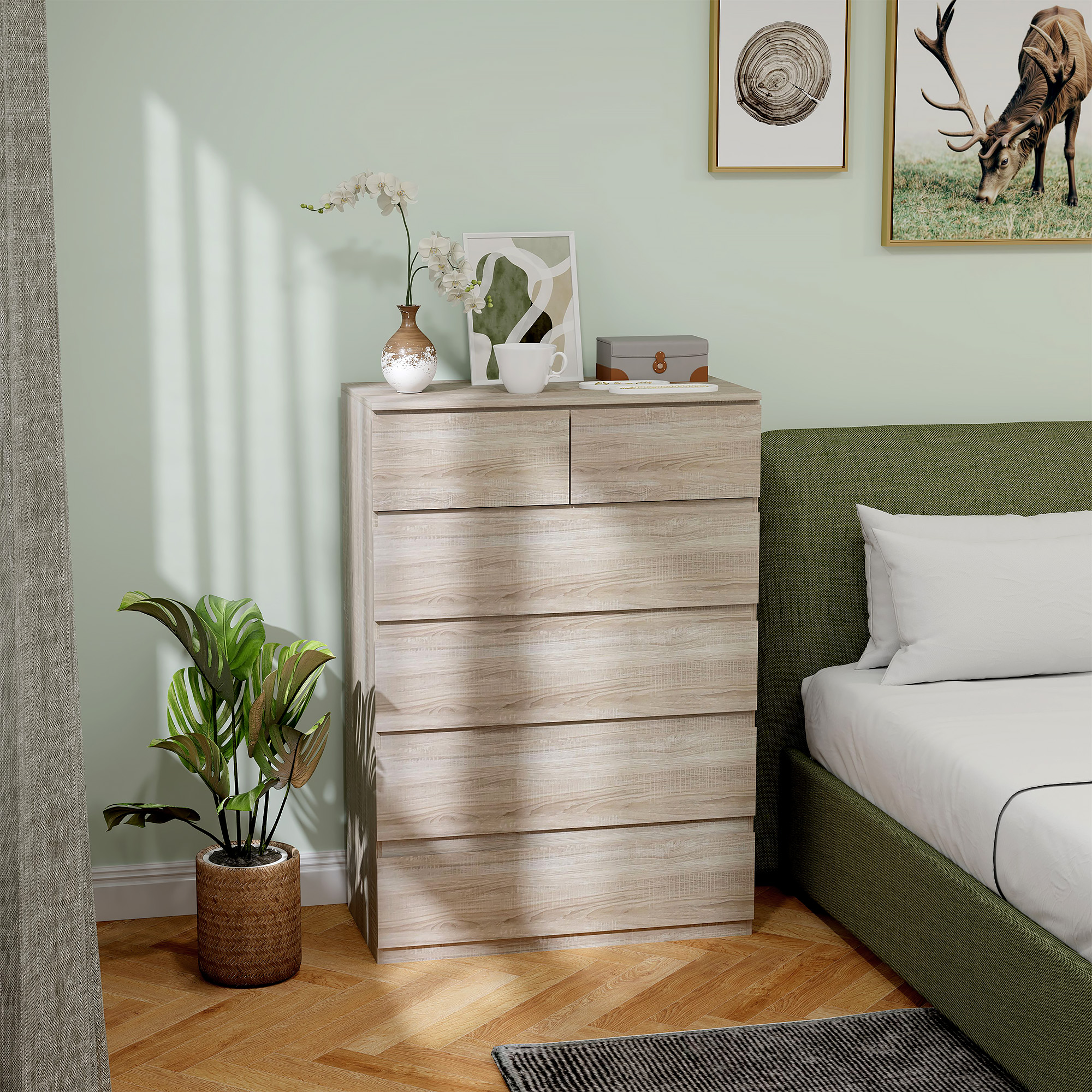Homcom Comò 6 cassetti mobile da archiviazione senza maniglie design minimalista 80 x 39 x 115 cm legno naturale