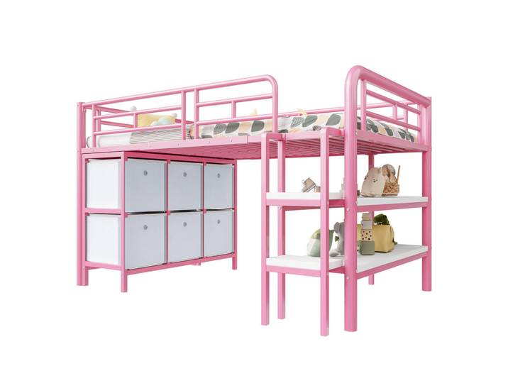 Modfu Hochbett aus Metall 90x200 cm in Rosa mit Treppe & Stauraum, 90x200 cm, Babymöbel & Kindermöbel, Kinderzimmer & Jugendzimmer, Kinderbetten, Hochbetten