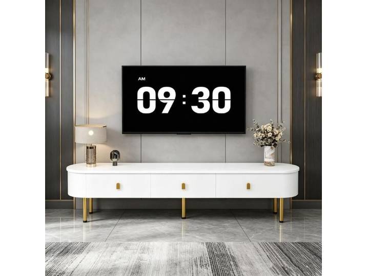 Meuble TV Bas 174 cm avec Tiroirs Poignées et Pieds Dorés Meuble Télé de Salon 174 x35x41cm Blanc et Or