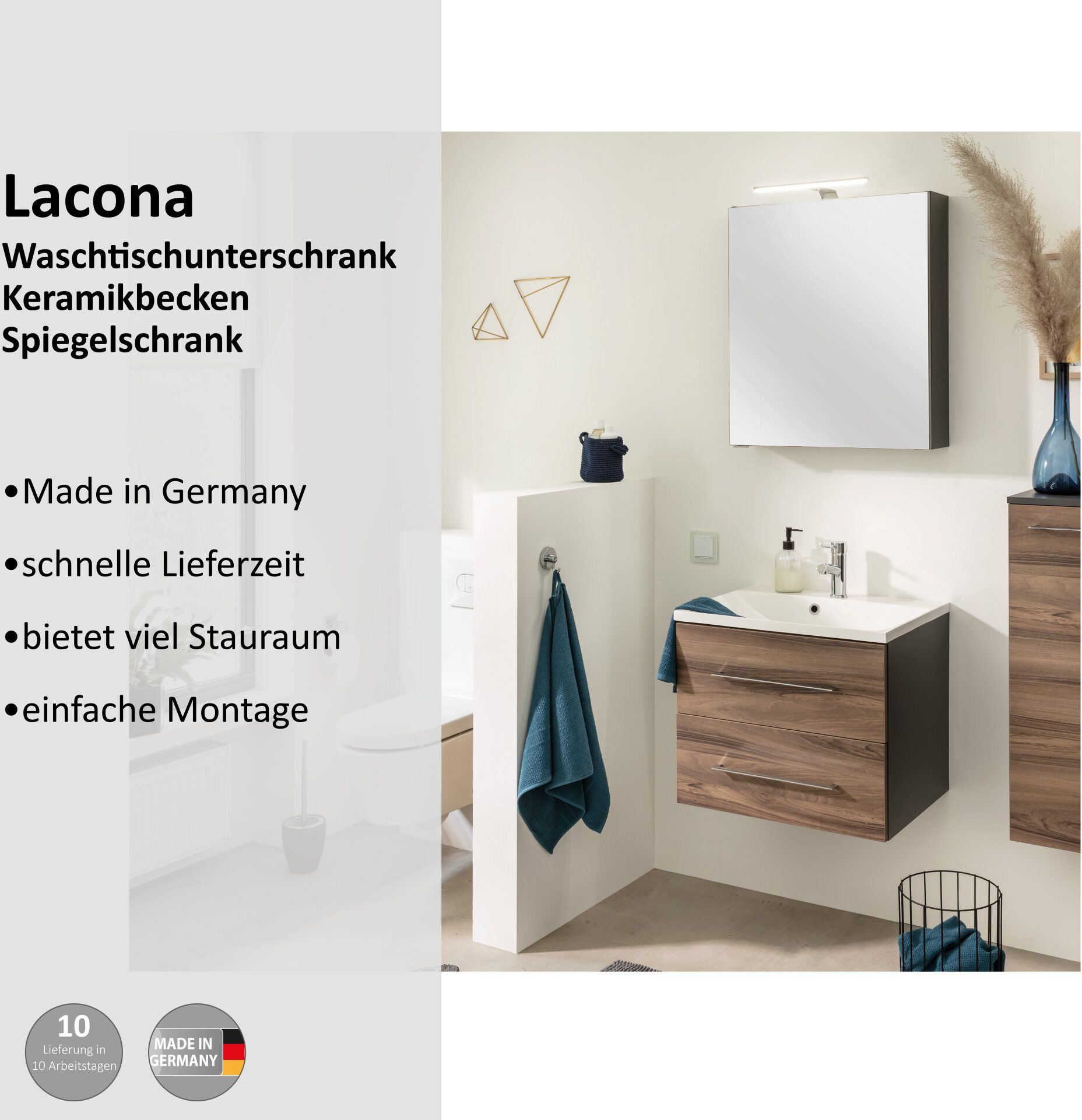 Badmöbel-Set WELLTIME "Lacona", grau (korpus anthrazit matt, front optik nussbaum), zerlegt zur Selbstmontage, wandhängend, Kastenmöbel-Sets, Badmöbel-Set