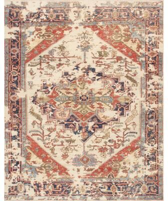 "Pasargad Home Serapi Collection Hand-Knotted Ivory/Navy Wool Area Rug - 5' 3"" X 7'10"""