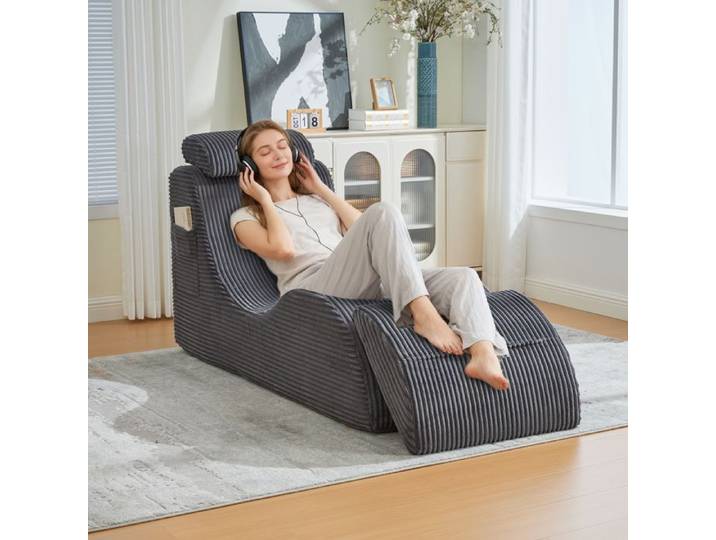 DRIPEX Fauteuil Paresseux avec dossier et appui-tête Fauteuil de loisirs de forme ergonomique Coussin d'assise amovible Gris
