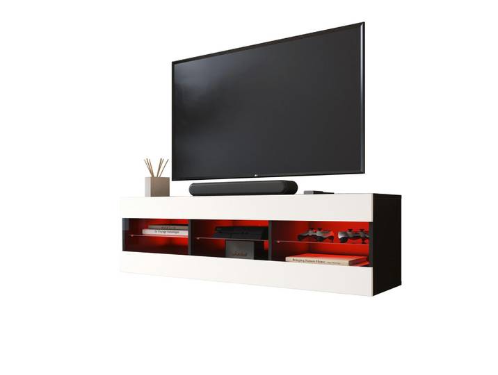 Komodee Lowboard Tivoli RTV 140, Weiss, LED Mehrfarbige, Schwarz, Weiß, 3 Fächer, Rechteckig, 140x40.5x35.5 cm, Wohnzimmer, TV Möbel, Lowboards, Lowboards stehend