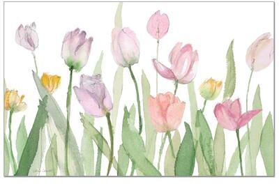 FirstDawn "Soft Tulips 24 Sheet Reusable Premium Paper Stock Placemats in Resealable Storage Bag Made in The USA 17"" x 11"""