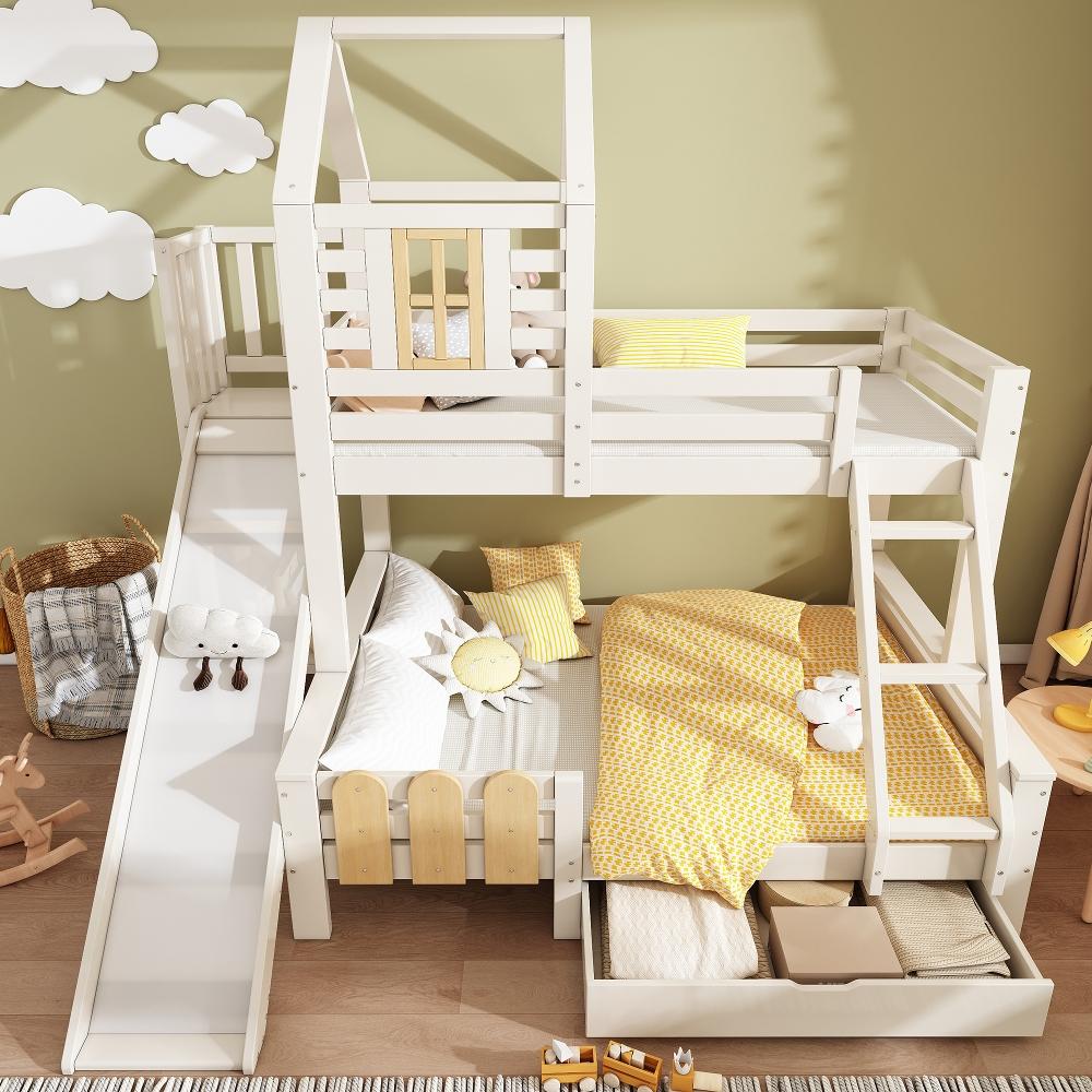 Etagenbett 90x200 und 140x200cm aus Massivholz und MDF, Hausbett mit Rutsche und Leiter, Kinderbett mit Schublade und Lattenrost