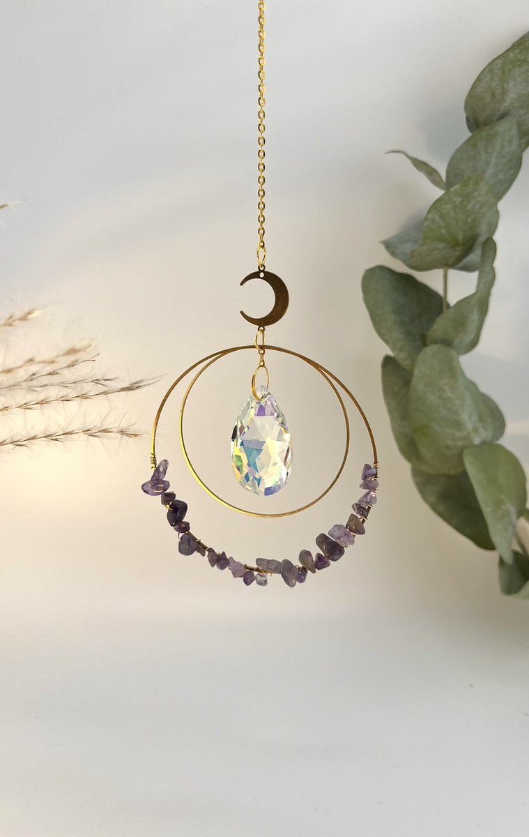 Cosy Casa Crystal Suncatcher Rondevorm Amethist Dubbele Cirkel Goudkleur