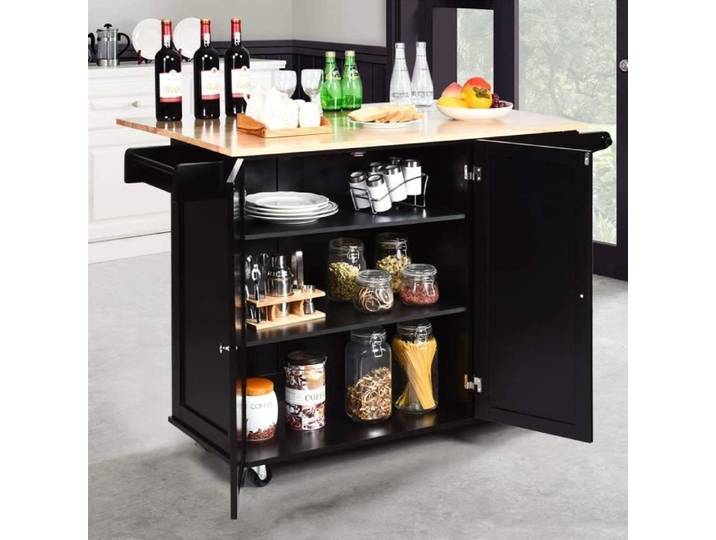 RELAX4LIFE Chariot de Cuisine Pliante à Roulettes-3 Tiroirs&3 Compartiments Réglables&Porte-Épices&Porte-Serviette 136x76x91CM Noir