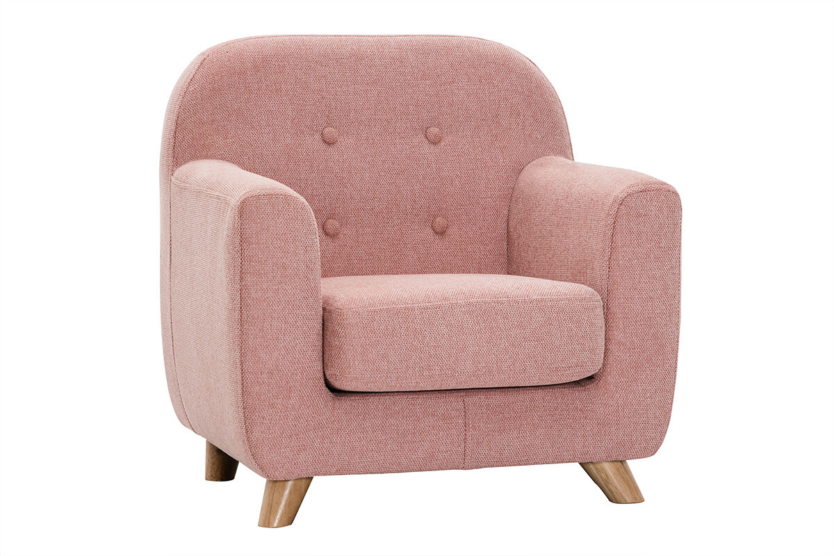 Miliboo Skandinavischer Kindersessel aus strukturiertem Stoff mit Samteffekt Rosa und helles Holz NORKID