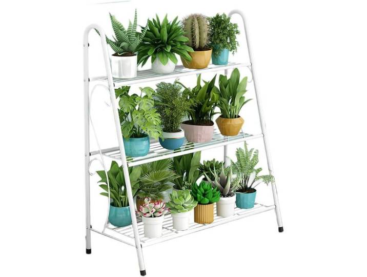 Etagère Échelle À Fleurs 3 Niveaux Porte Plantes En Métal Decoratif Pour Maison Jardin Terrasse - Blanc