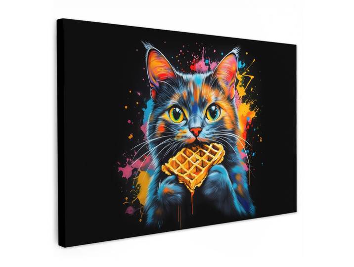 LEINWANDBILD Katze - Graffiti - Bunt - Waffel - Essen Gemälde 60x40 cm