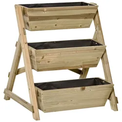 MODFU Pflanzentreppe Holz Natur 71x61x77 cm, 3-stufiges Hochbeet mit Ablauflöchern und Vliesstoff