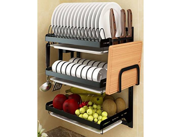Supfirm Wandmontierter Edelstahl-Abtropfgestell, Obst- und Gemüse-Aufbewahrungskorb mit Abtropffläche und hängenden Essstäbchen, Käfig-Messerhalter, Küchenzubehör, Regal, Utensilien-Organizer (3