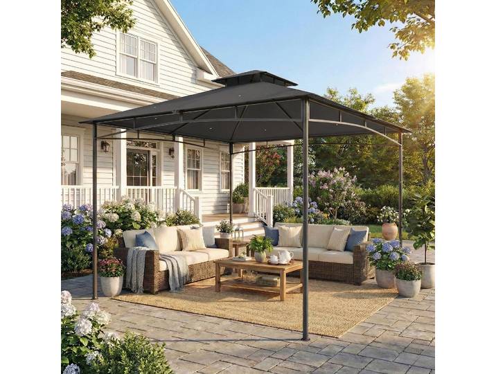 Outsunny Pavillon 3x3m Gris Foncé Double Toit Rétractable
