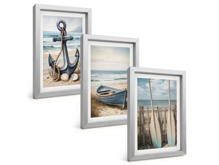 BILDER SET 3er Set - 20x30 cm Silberner Rahmen - Anker, Boot, Ruder, Strand