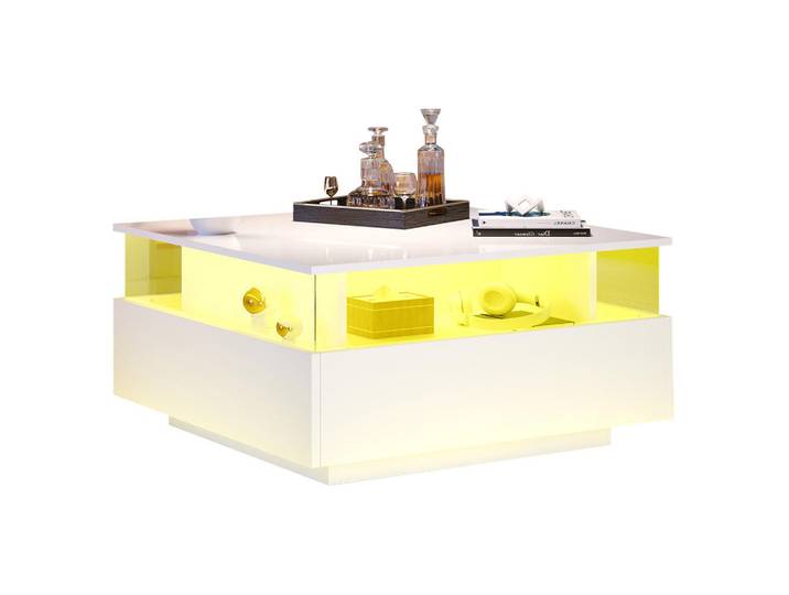 Redom Couchtisch, Hochglanz Weiß mit LED und 2 Schubladen, 70/70/41 cm,Weiß, 70x41x70 cm, Wohnzimmer, Wohnzimmertische, Couchtische